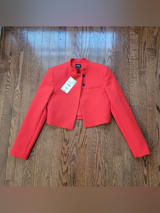 Zara Jackets & Blazers - Zara Cropped Red Collarless Blazer Jacket